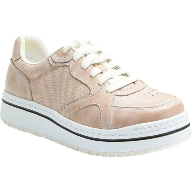 Front angled view of Women&#39;s Alegria Alyster Shoe in blush pink leather with a white sole