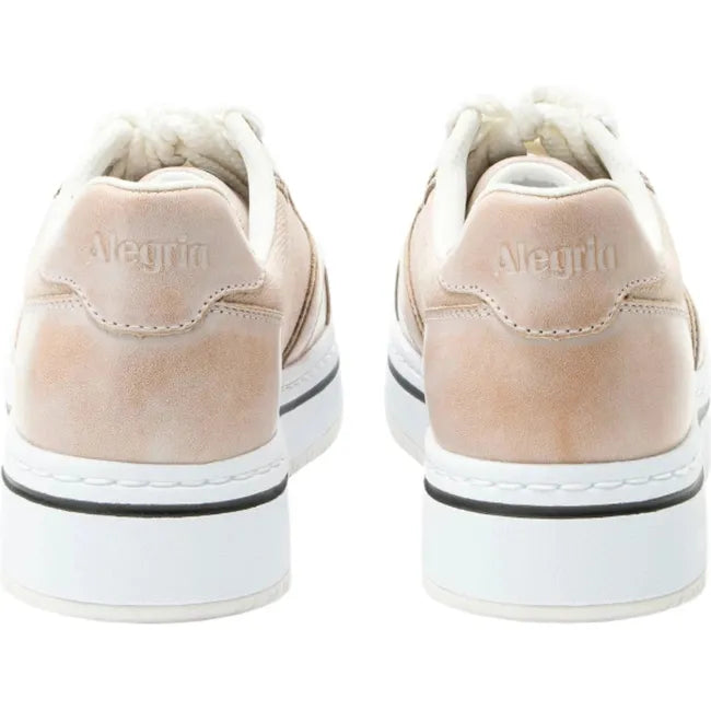 Heels of a pair of Women&#39;s Alegria Alyster Shoe in blush pink leather with a white sole