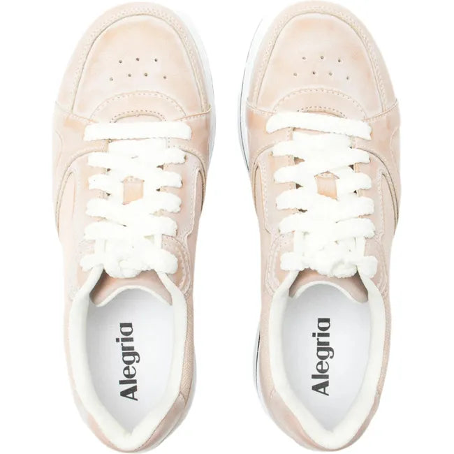 Top down view of a pair of Women&#39;s Alegria Alyster Shoe in blush pink leather with white laces