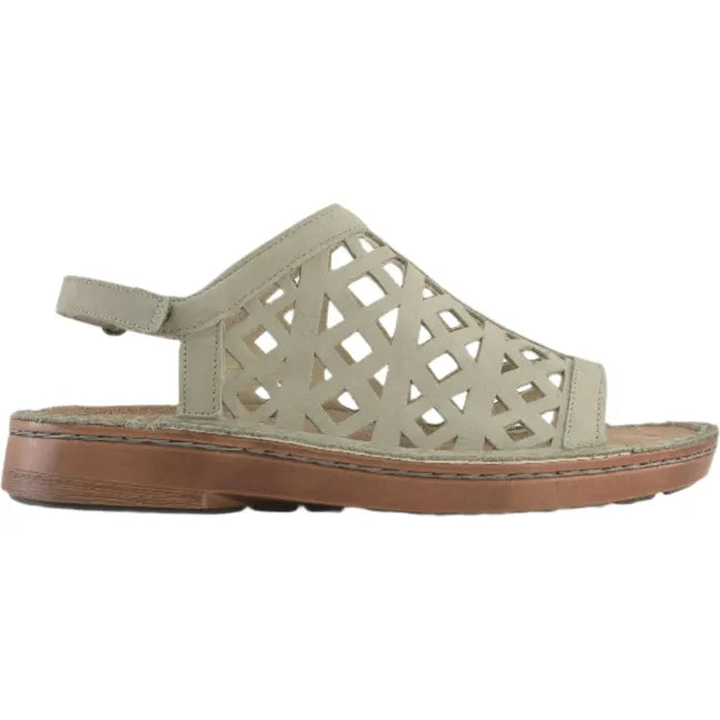 Lateral side view of Naot Women's Amadora Sandal featuring a hook and loop strap, full sage nubuck upper coverage, and a brown 1.25-inch lightweight polyurethane sole.