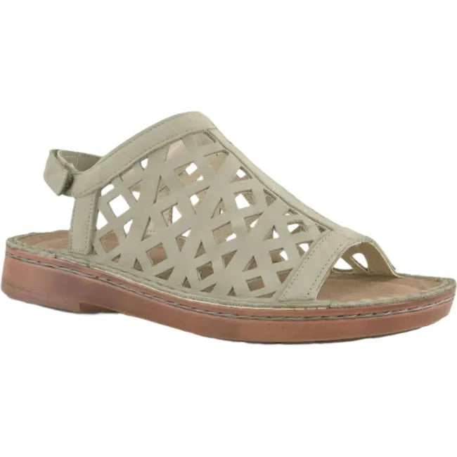 Lateral side angled view of Naot Women's Amadora Sandal featuring a hook and loop strap, full sage nubuck upper coverage, and a brown 1.25-inch lightweight polyurethane sole.