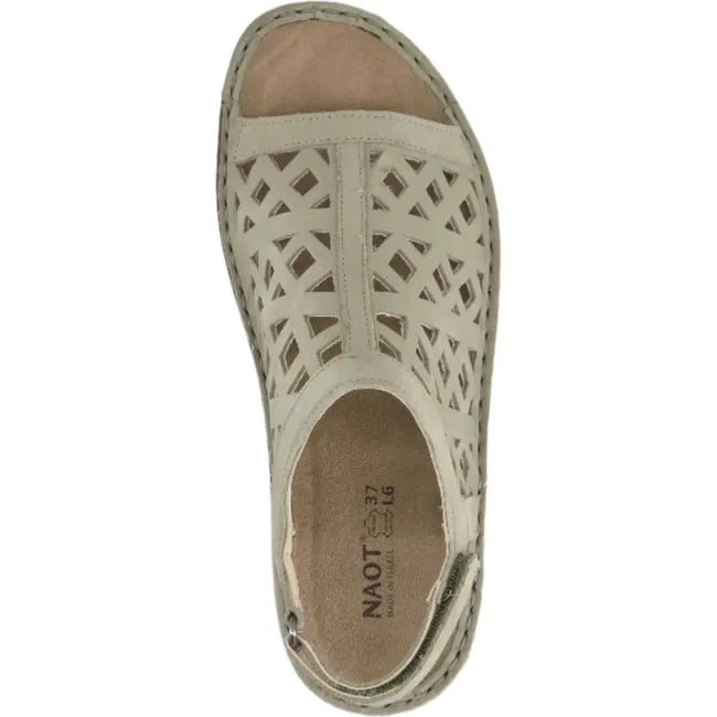 Top view of Naot Women's Amadora Sandal showcasing the sage nubuck upper, hook and loop straps, and removable cushioned footbed