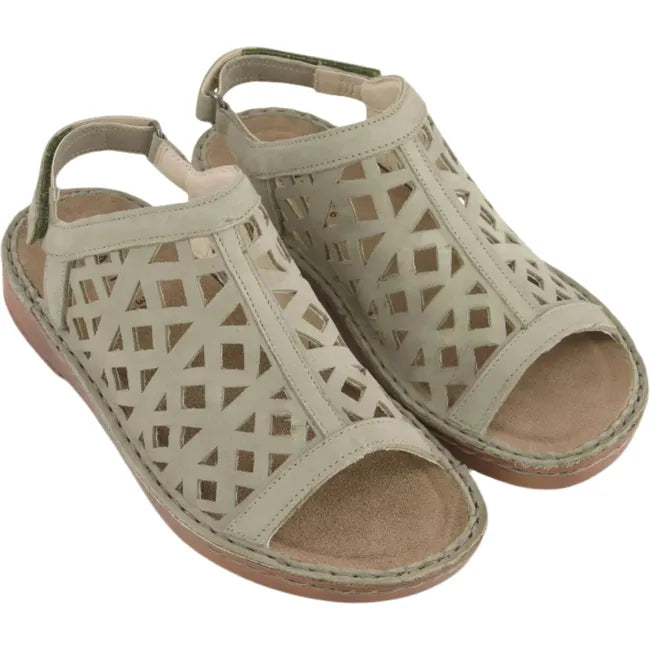 Overhead view of a pair of Naot Women's Amadora Sandals featuring hook and loop straps, full sage nubuck upper coverage, and brown 1.25-inch lightweight polyurethane soles.