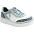 Front angled view of Women's Alegria Averie Sneaker in white and indigo with side zipper