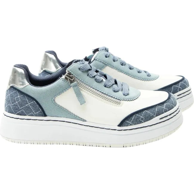 Lateral side of Women's Alegria Averie Sneakers in white and indigo with side zipper