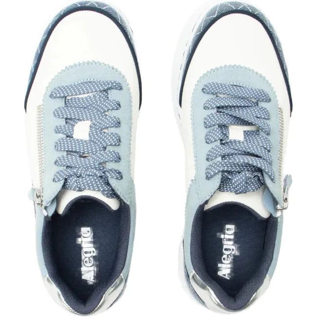 Top down view of Women&#39;s Alegria Averie Sneakers in white and indigo with side zipper