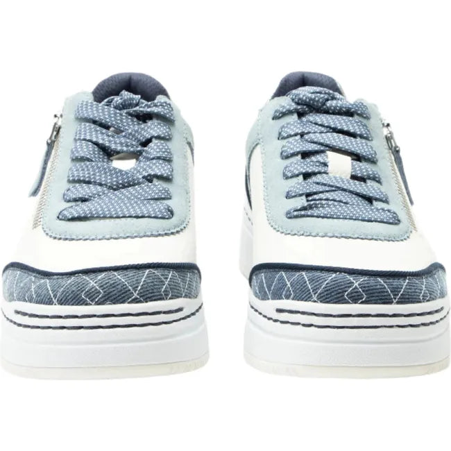 Front of Women&#39;s Alegria Averie Sneakers in white and indigo with side zipper