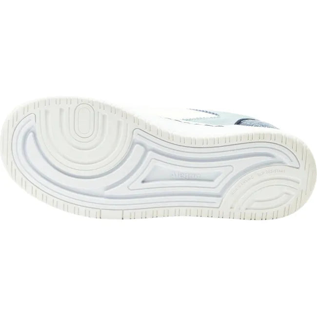 Sole of Women&#39;s Alegria Averie Sneakers in white and indigo with a white slip resistant sole
