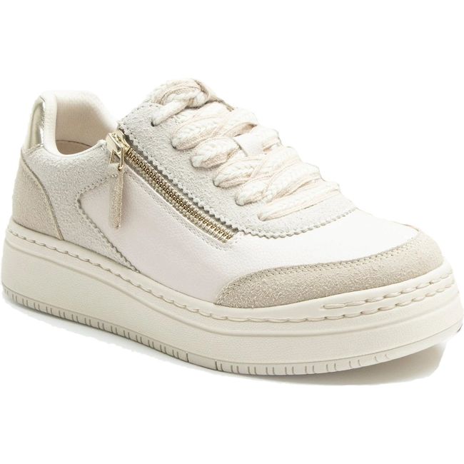 Front angled view of Women's Alegria Averie Sneaker in white and boho beige with side zipper