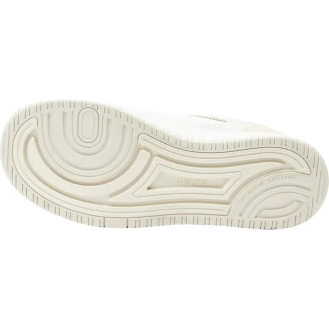 Sole of Women&#39;s Alegria Averie Sneakers in white and boho beige with a white slip resistant sole