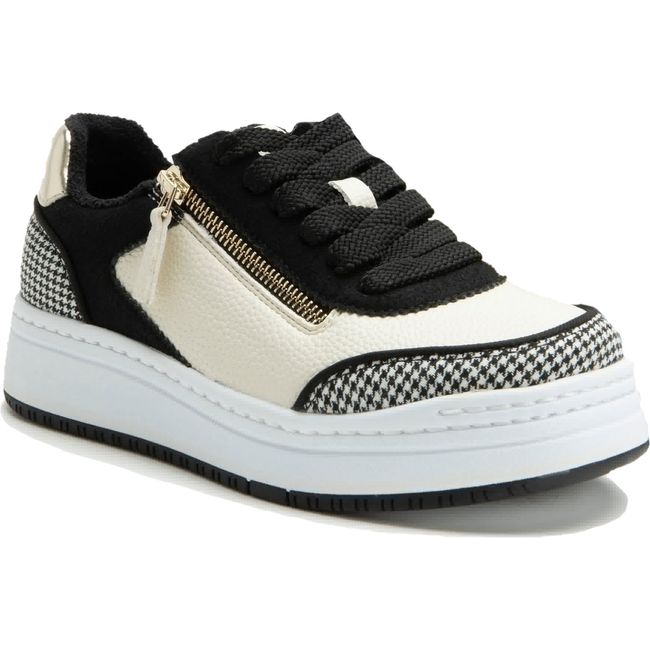 Front angled view of Alegria Women's Averie Sneaker in Houndstooth Black and Beige