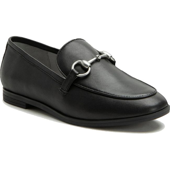 Front angled view of Alegria Women's Aya Penny Loafer in Black Leather