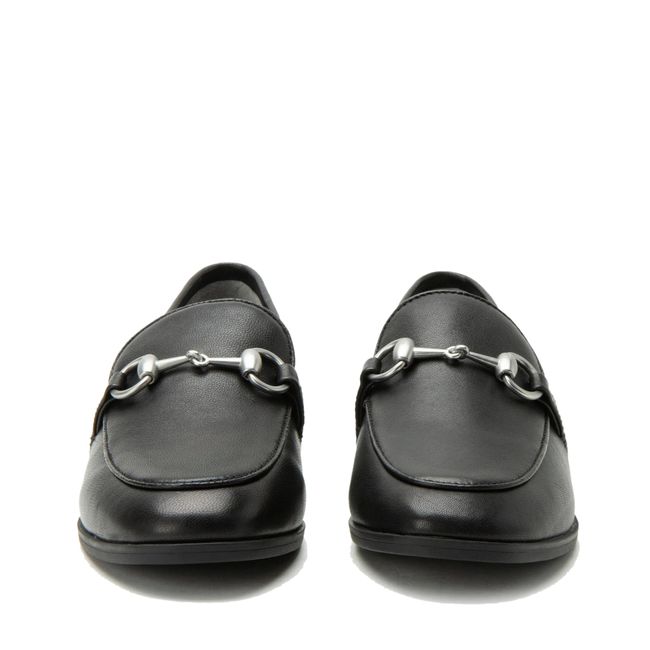 Front of Alegria Women's Aya Penny Loafers in Black Leather