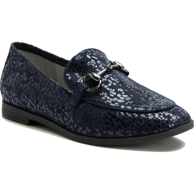 Front angled view of Alegria Women's Aya Penny Loafer in Blue Notes Navy