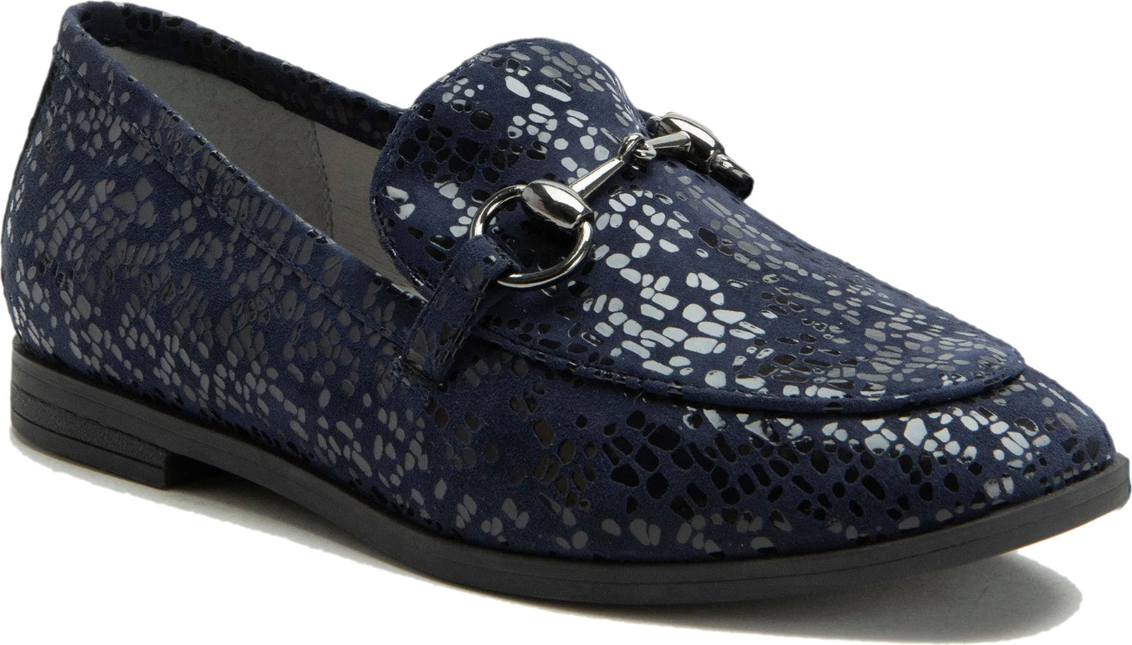Front angled view of Alegria Women's Aya Penny Loafer in Blue Notes Navy