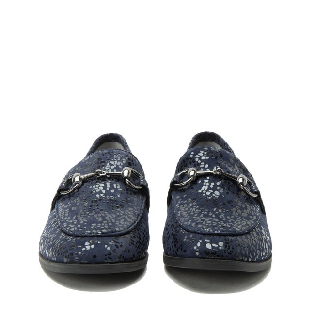 Front of Alegria Women's Aya Penny Loafers in Blue Notes Navy