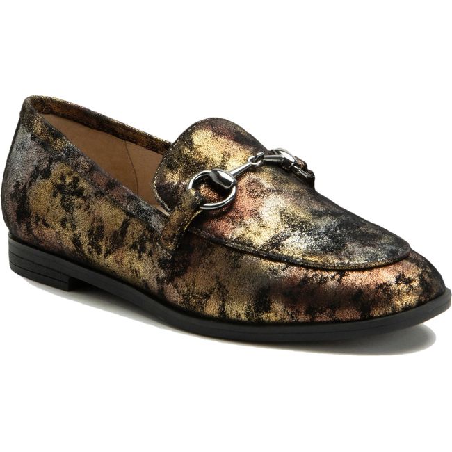 Front angled view of Alegria Women's Aya Penny Loafer in Metallic Mist