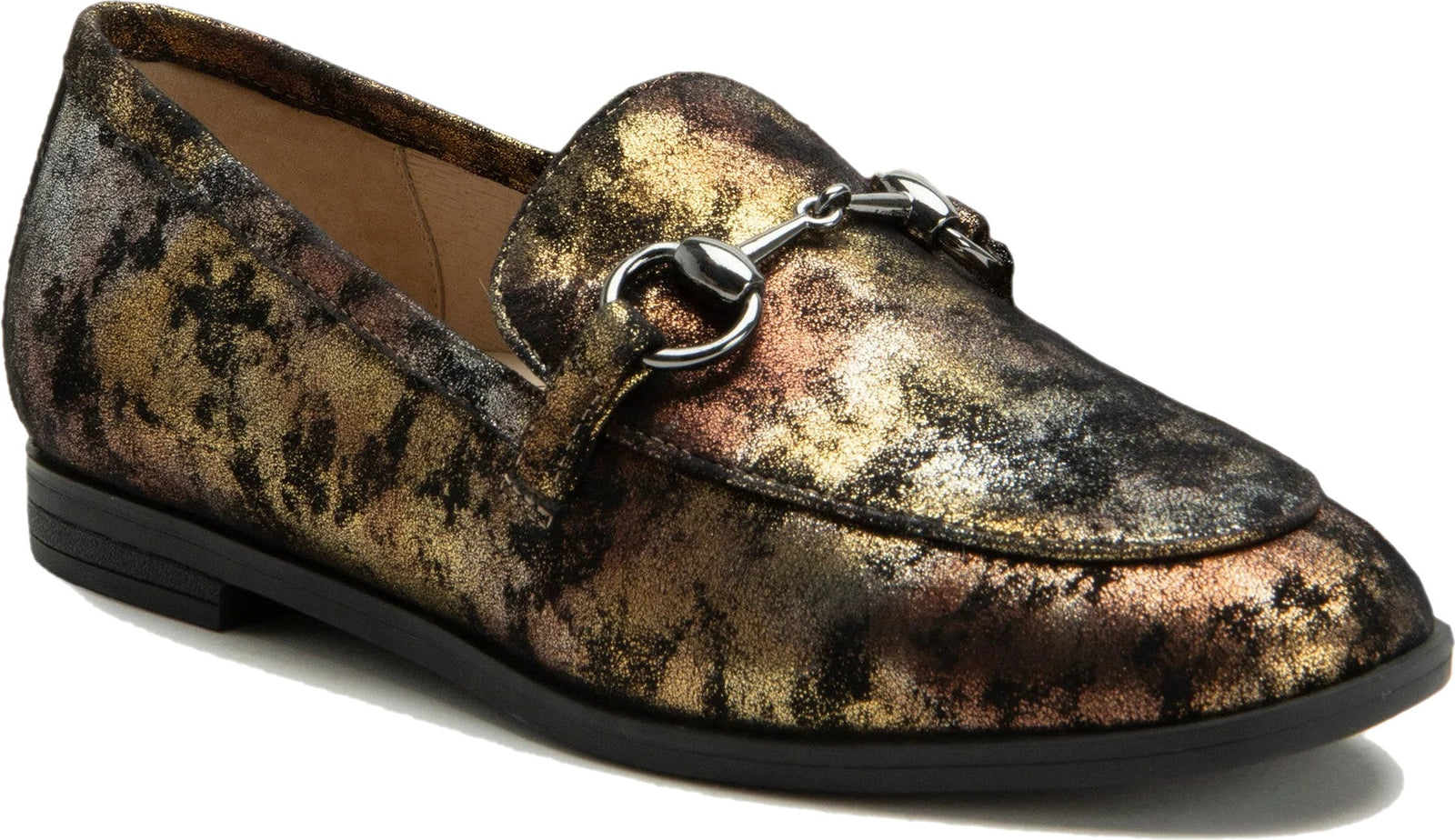 Front angled view of Alegria Women's Aya Penny Loafer in Metallic Mist