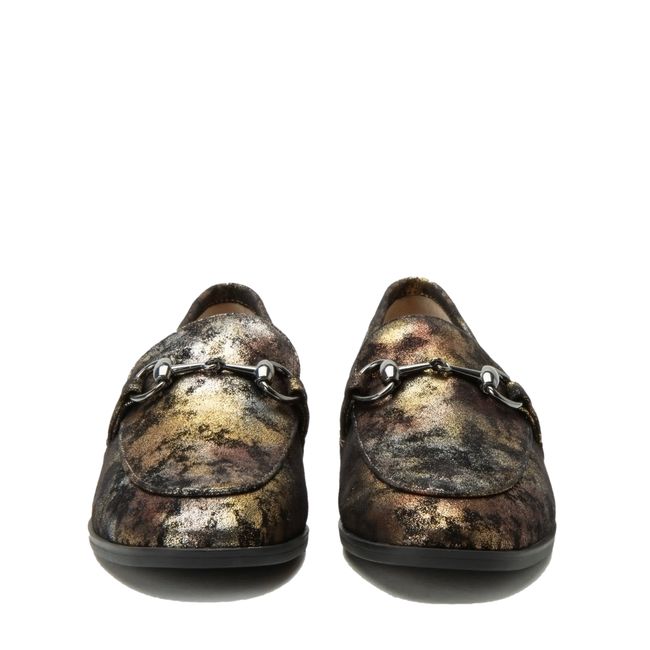 Front of Alegria Women's Aya Penny Loafers in Metallic Mist