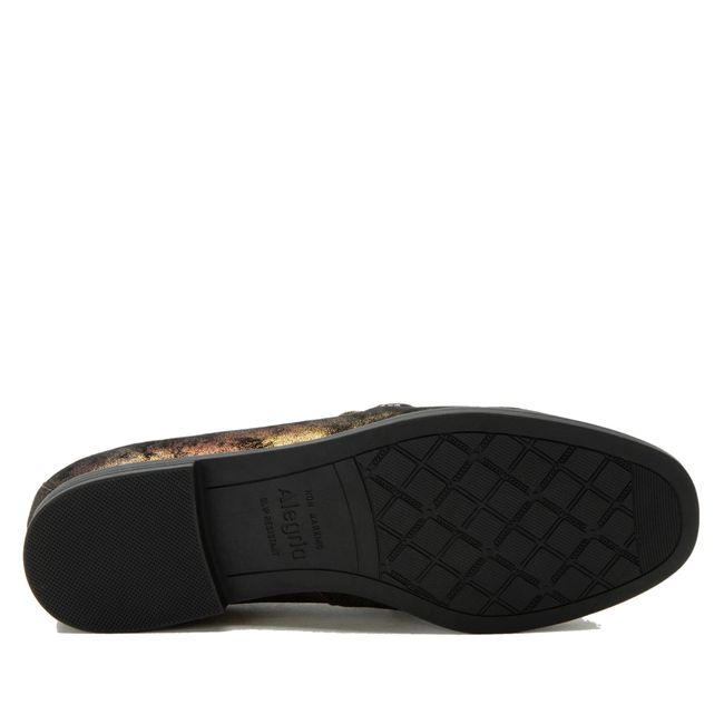 Black sole of Alegria Women's Aya Penny Loafers in Metallic Mist