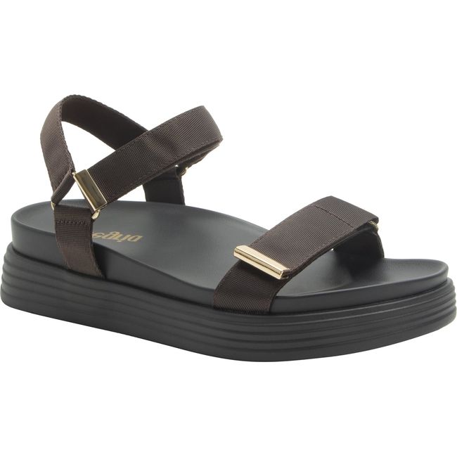 Front angled view of Women's Alegria Allyson Sandal in Chocolate Brown with velro straps