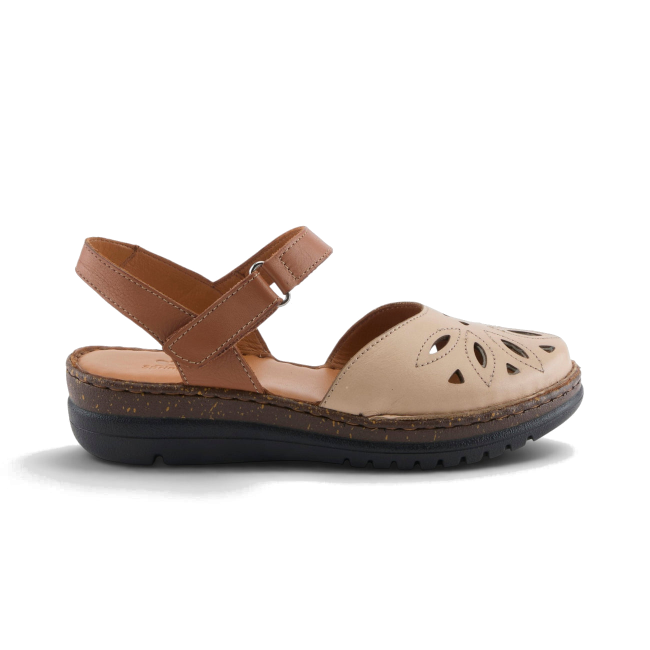 Lateral side of beige and tan leather Spring Step Women's Azmira Mary Jane Shoe with ankle strap