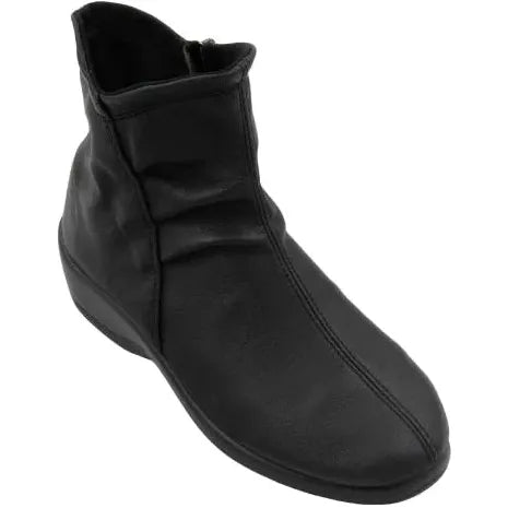 Front angled view of Women's Arcopedico Paluma Bootie in black vegan leather