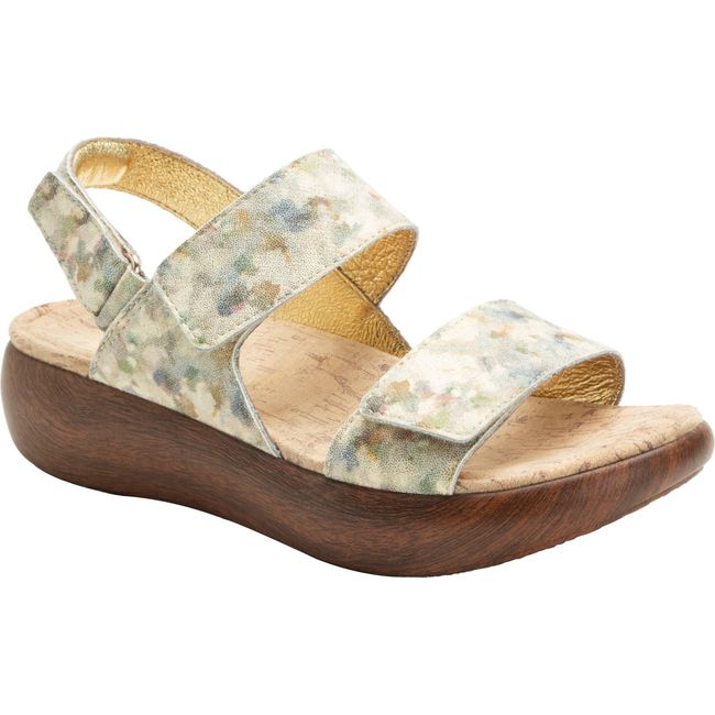 Front angled view of Women&#39;s Alegria Bailee Sandal in Conjure Beige and Green with velcro straps