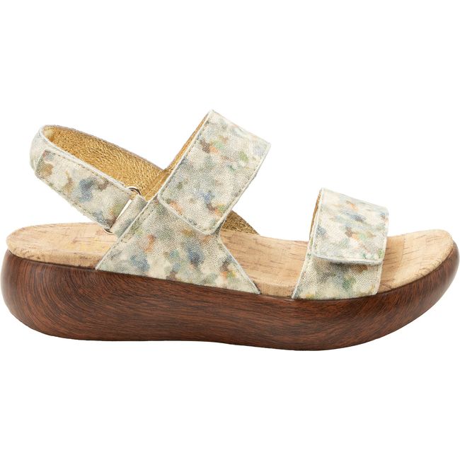 Lateral side of Women&#39;s Alegria Bailee Sandal in Conjure Beige and Green with velcro straps
