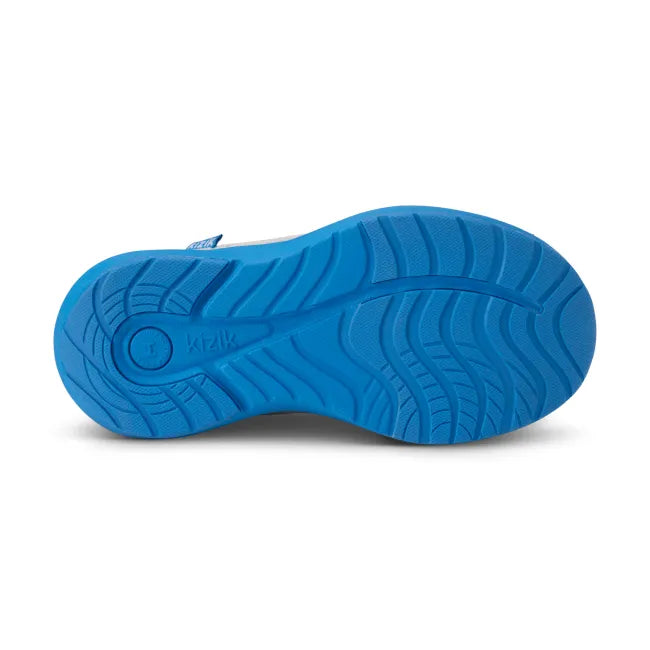 Blue sole of Kizik Kids Youth Athens 2 Sneaker in grey upper with easy HandsFree Step-In heel