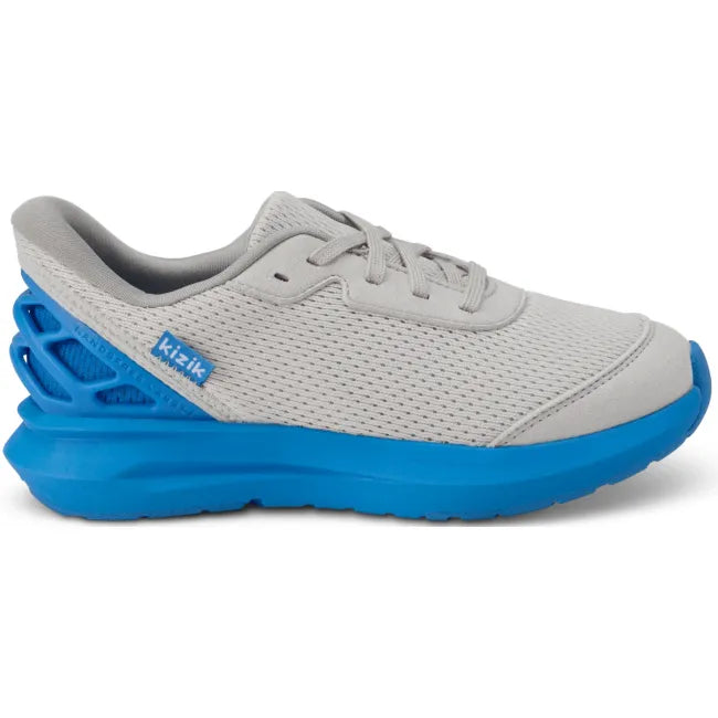 Lateral side of Kizik Kids Youth Athens 2 Sneaker in grey and blue with easy HandsFree Step-In heel