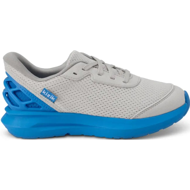 Lateral side of Kizik Little Kids Athens 2 Sneaker in grey and blue with easy HandsFree Step-In heel