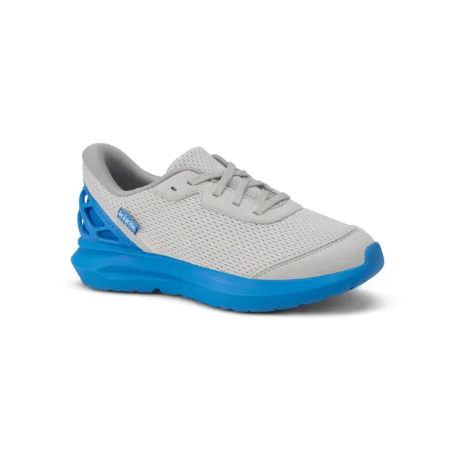 Front angle of Kizik Little Kids Athens 2 Sneaker in grey and blue with easy HandsFree Step-In heel