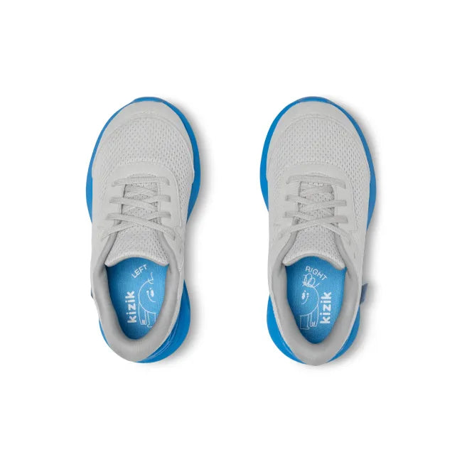 Upper of Kizik Little Kids Athens 2 Sneakers in grey and blue with easy HandsFree Step-In heel