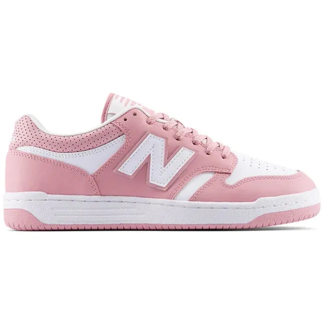 White &amp; pink New Balance 480 sneaker shown from the lateral side, with the white "N" logo