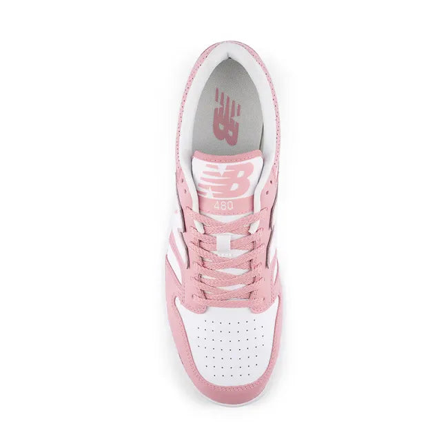 White &amp; pink New Balance 480 sneaker shown from the top view, with the white "N" logo
