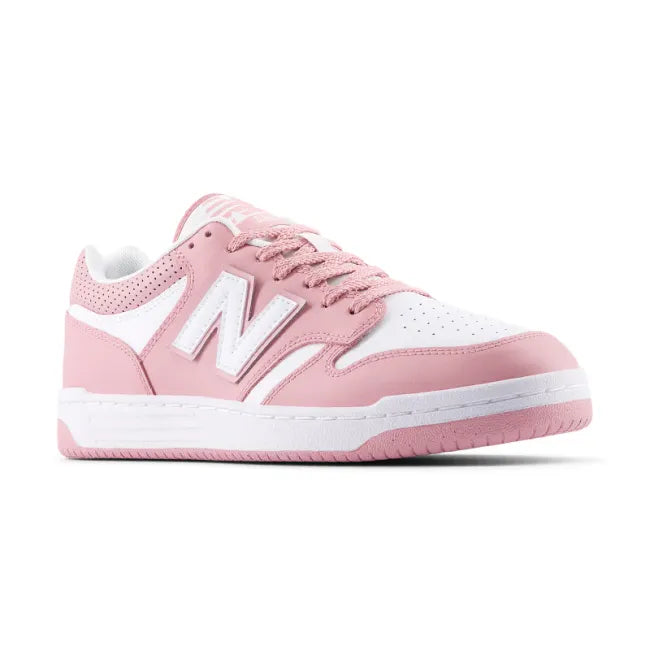 White &amp; pink New Balance 480 sneaker shown from the angled front view, with the white "N" logo
