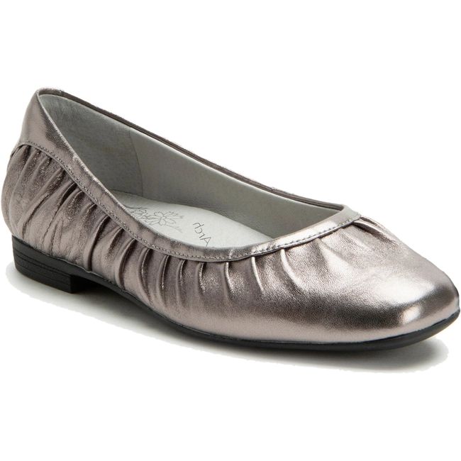 Front angled view of Alegria Women's Beka Flat in Pewter Silver