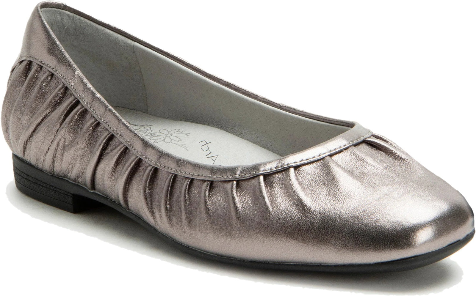 Front angled view of Alegria Women's Beka Flat in Pewter Silver