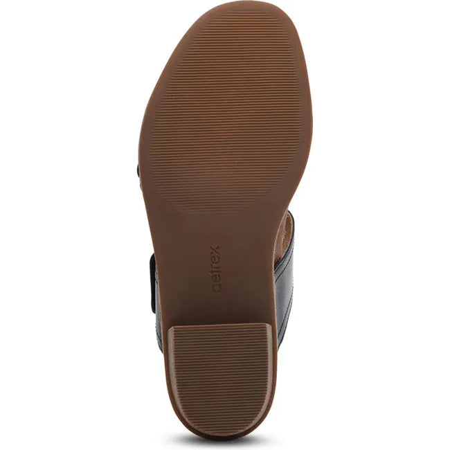 Sole of Women's Aetrex Tatiana Heeled Sandal in Black leather