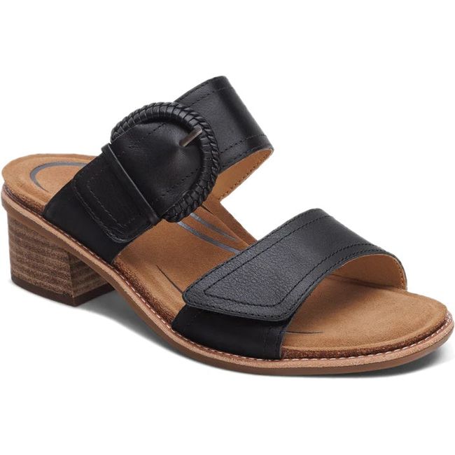Front angled view of Women's Aetrex Tatiana Heeled Sandal in Black leather