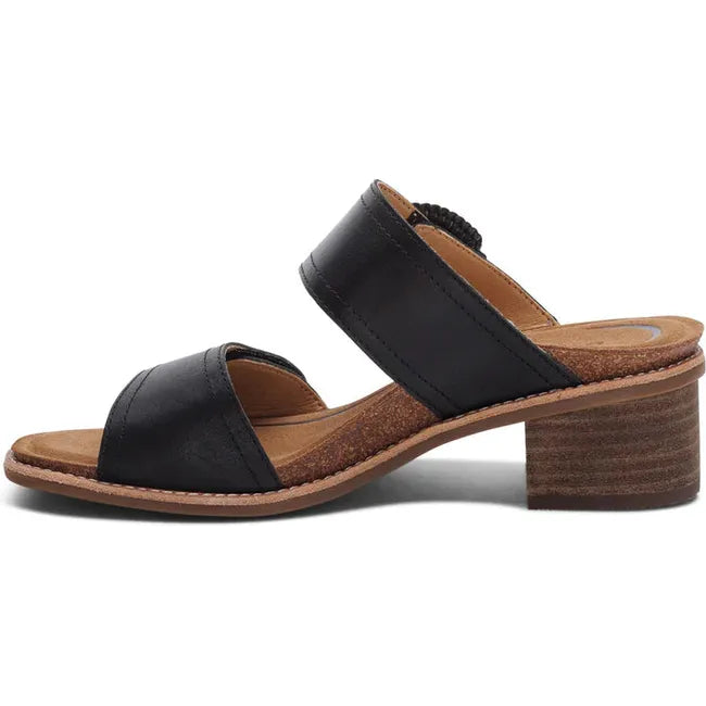 Medial side of Women's Aetrex Tatiana Heeled Sandal in Black leather