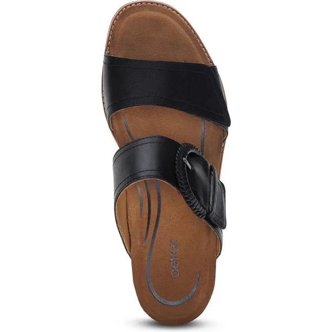 Top down view of Women's Aetrex Tatiana Heeled Sandal in Black leather