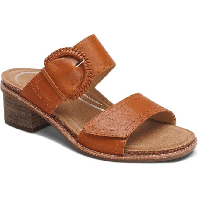 Front angled view of Women's Aetrex Tatiana Heeled Sandal in Cognac