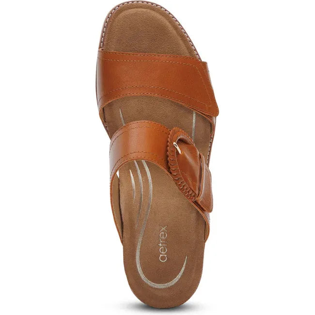 Top down view of Women's Aetrex Tatiana Heeled Sandal in Cognac