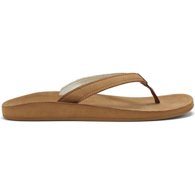 Lateral side of Women's Olukai Southshore Flip Flop in Toffee tan waterproof leather