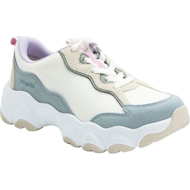 Front angled view of Women&#39;s Alegria Boom Joy Sneaker beige with blue, green and pink accents