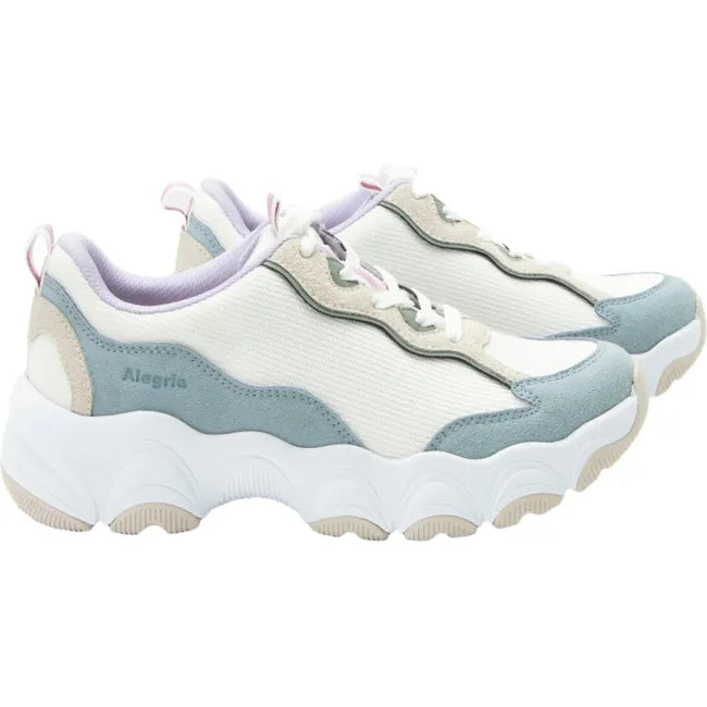 Lateral side of Women&#39;s Alegria Boom Joy Sneakers beige with blue, green and pink accents