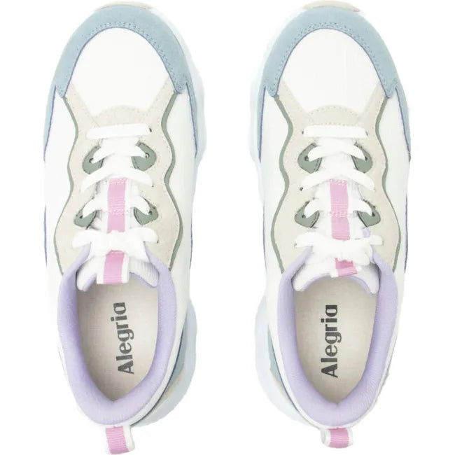 Top down view of Women&#39;s Alegria Boom Joy Sneakers beige with blue, green and pink accents