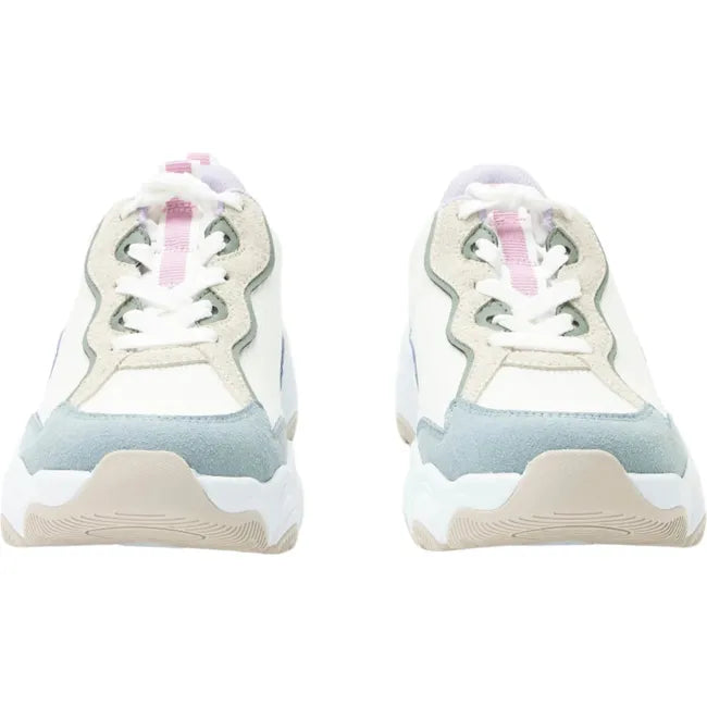 Front of a pair of Women&#39;s Alegria Boom Joy Sneakers beige with blue, green and pink accents